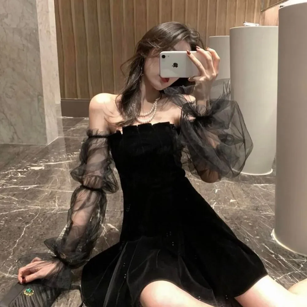 Black Dress with Sheer Off the Shoulder Sleeves - Picture 5 of 5